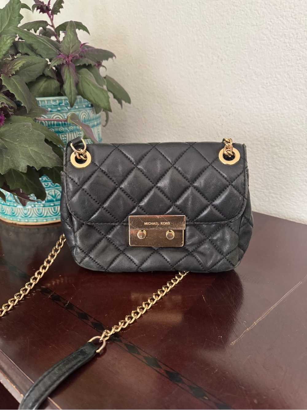 Michael Kors Black Quilted Leather Crossbody with Gold Chain Strap